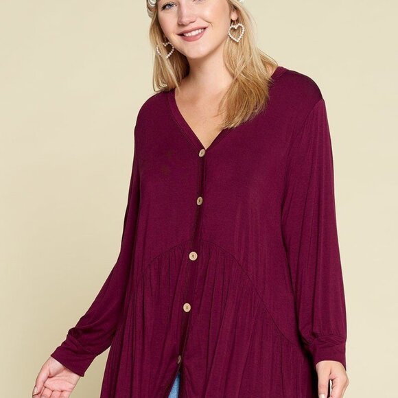 Plus Size Solid Heavy Rayon Modal Jersey Faux Button Up - Picture 1 of 8